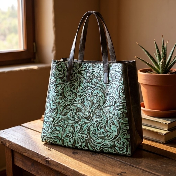 Patricia Nash Large Tooled Turquoise Leather  Shoulder Bag Double Handles NEW - Picture 1 of 6